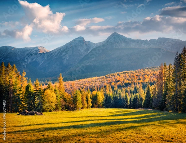 Obraz Incredible autumn scene of High Tatras (Vysoke Tatry) mountains. Magnificent evening view of two peaks - Zdiarska Vidla and Havran, slovakia, Europe. Beauty of nature concept background.