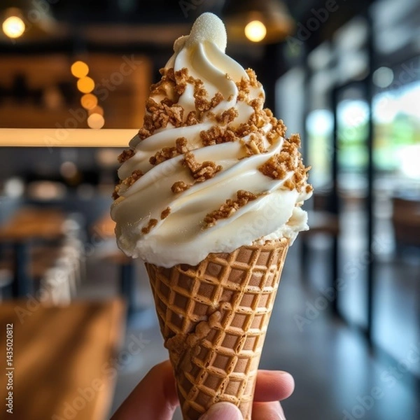 Obraz Close-up of a hand holding a waffle cone filled with a creamy white ice cream topped with caramel sauce and crunchy biscuit pieces.