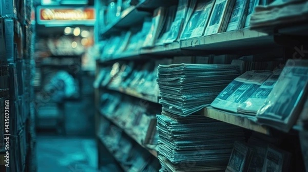 Obraz Close-up view of numerous stacks of old newspapers meticulously organized on dark wooden shelves.