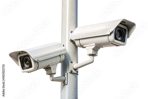 Fototapeta Street surveillance cameras firmly fixed on pole, angled for maximum outdoor coverage and urban security monitoring, isolated on a transparent background