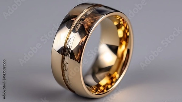 Fototapeta Gold ring with textured dark inlay, shiny metal, smooth band, simple design