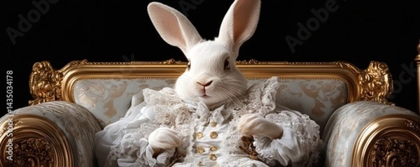 Obraz Elegant White Rabbit in Ornate White and Gold Attire Seated on Luxurious Throne