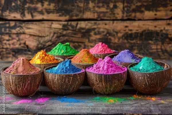 Fototapeta Colorful powders arranged in metal bowls on a dark blue background, celebrating Holi with vibrant hues and artistic flair.