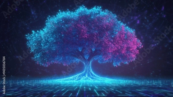 Fototapeta Digital tree, glowing, futuristic, abstract, background, technology, nature,  concept,  design
