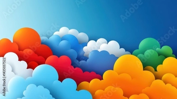 Fototapeta A colorful paper-cut style sky filled with layered clouds.