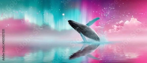 Obraz Majestic whale breaching in ethereal waters, vibrant colors reflecting. Northern lights and clouds