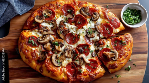 Fototapeta pizza topped with fresh pepperoni, mushrooms, and melted mozzarella cheese created with Generative AI Technology, ai, generative