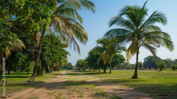 Fototapeta Tropical park path green trees scenery
