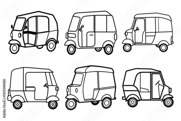 Fototapeta  Set of auto rickshaw line art vector icon illustration on white background 