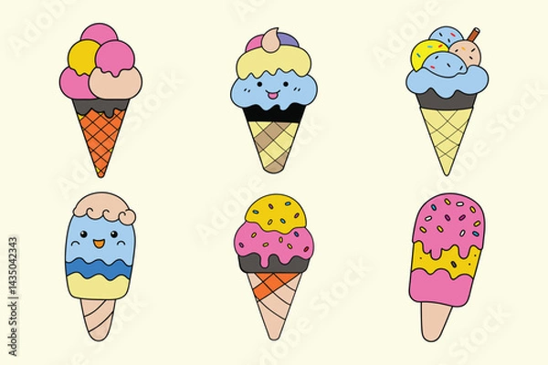Fototapeta Set of cute ice cream drawing vector icon illustration on white background.