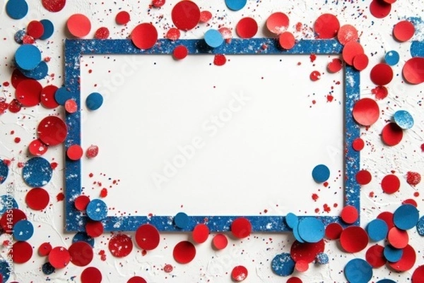 Fototapeta greeting card template with red-blue confetti borders on a white center background, American holiday theme