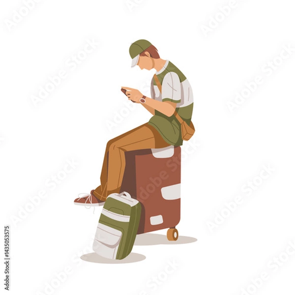 Fototapeta boy playing gadget sit on suitcase isolated illustration