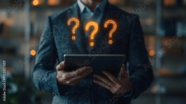 Fototapeta A businessman holding a tablet with question marks floating above it, on the right side of his hand The background is blurred and dark blue in color