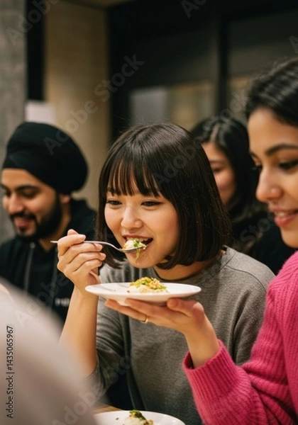 Obraz 料理を試食する女性と周囲のブロガーたち（ai生成画像）