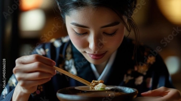 Obraz 料理を試食する女性と周囲のブロガーたち（ai生成画像）