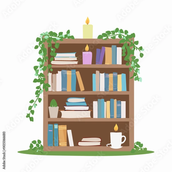Fototapeta A tall, dusty bookshelf with uneven stacks of old hardcover books, ivy vines creeping through the shelves, and a single candle burning beside a teacup filled with bookmarks.
