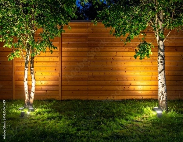 Fototapeta Spotlights are installed on the trees to illuminate the wooden walls in the garden. Leave space on the sides for text.