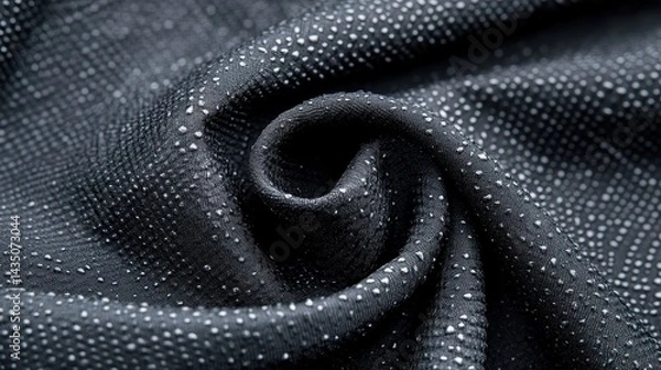 Fototapeta A close-up view of black fabric with a textured surface, adorned with tiny droplets of water, showcasing elegance and sophistication.