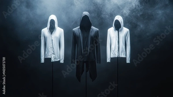 Fototapeta Three hooded garments displayed on stands, surrounded by a misty atmosphere, showcasing modern fashion with a mysterious vibe.