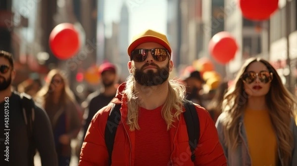 Fototapeta A vibrant street scene featuring a group of diverse individuals wearing sunglasses and colorful outfits, with red balloons adding to the festive atmosphere.