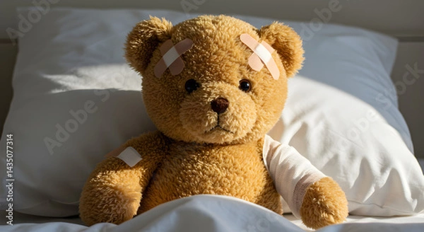 Fototapeta Brown Teddy Bear With Bandages Resting in Bed on White Bedding in Bedroom Setting