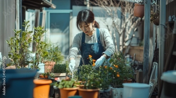 Obraz 裏庭でガーデニングを楽しむ女性と隣人たち（ai生成画像）