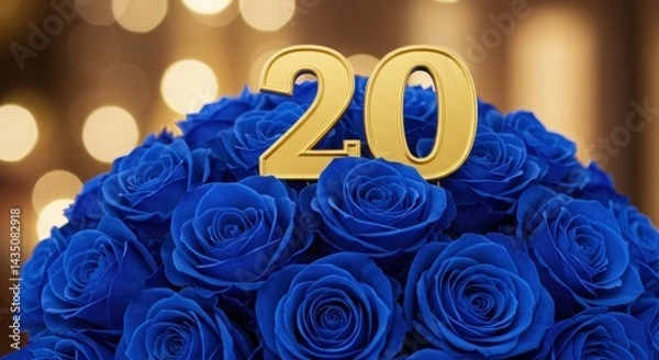 Obraz Golden number twenty on a bouquet of vibrant blue roses backdrop