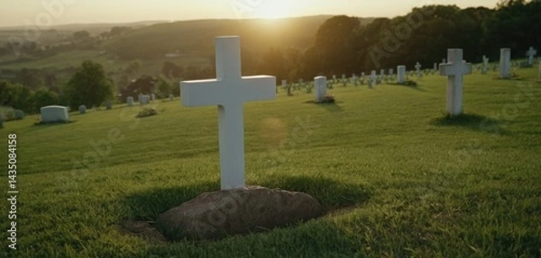 Fototapeta The cross on the grave of a WWII soldier stands in an empty field