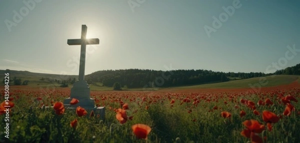 Fototapeta The cross on the grave of a WWII soldier stands in the middle of a poppy field