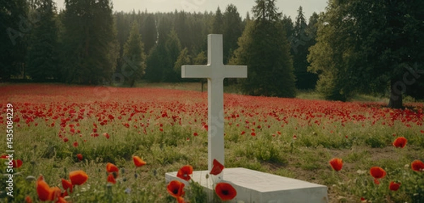 Fototapeta The cross on the grave of a WWII soldier stands in the middle of a poppy field