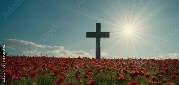 Fototapeta The cross on the grave of a WWII soldier stands in the middle of a poppy field