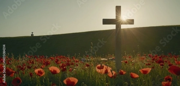 Fototapeta The cross on the grave of a WWII soldier stands in the middle of a poppy field