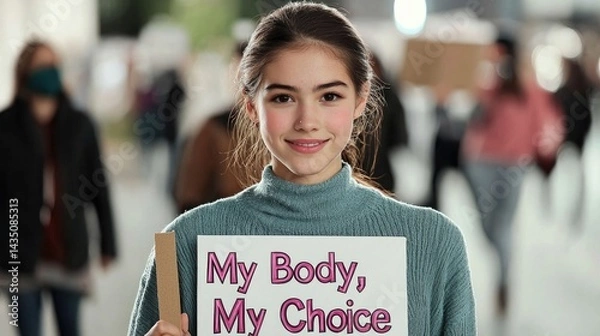 Obraz Teenage girl holds a sign advocating for bodily autonomy during a protest