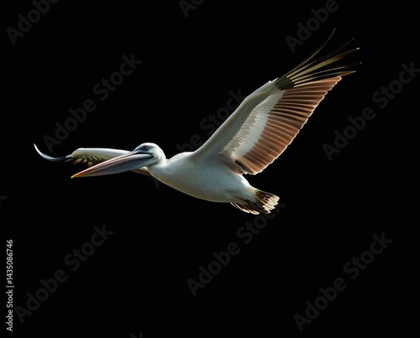 Fototapeta a pelican in mid-flight over the ocean. The bird is prominently featured in the center, with its wings fully extended, showcasing a mix of brown and white feathers