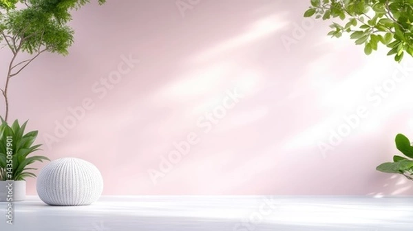 Obraz Serene Product Display Background with Pink Wall, White Surface, Green Plants, and Soft Sunlight