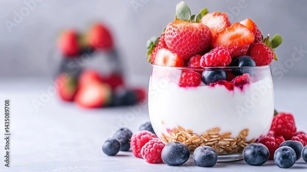 Obraz A glass of creamy yogurt parfait with layers of fresh strawberries, raspberries, blueberries, and granola, set on a light surface with a blurred background of more berries, and vibrant and healthy