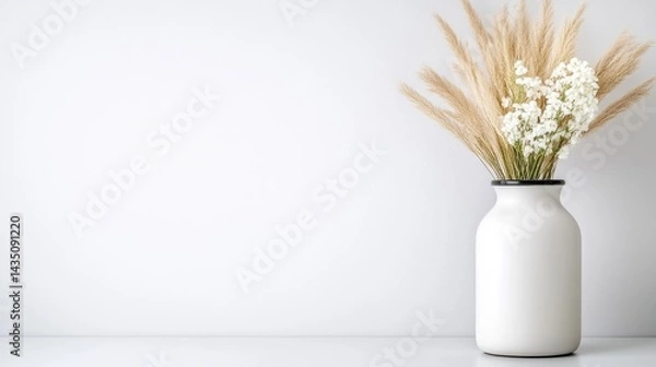 Obraz A white vase with dried flowers and white blooms on a minimalist white surface, simple and elegant composition, and indoor decor concept.