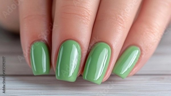 Obraz Close-up of manicured nails with a light green polish.  Well-maintained hands with a  stylish, polished finish