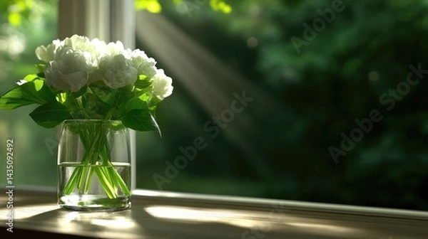 Obraz White flowers in a glass vase on a windowsill, bathed in sunlight.  Soft focus background of greenery