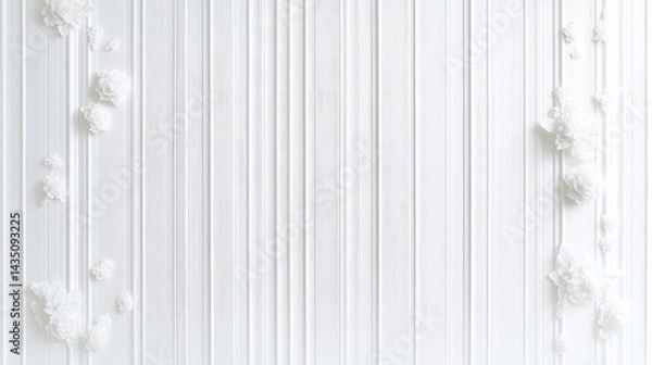 Obraz White Wood Paneling Floral Accents Minimalist Style High-Resolution Soft Lighting Landscape Full Shot Delicate Texture Elegant Design White Background Pure Serenity Ideal for Wedding Invitations