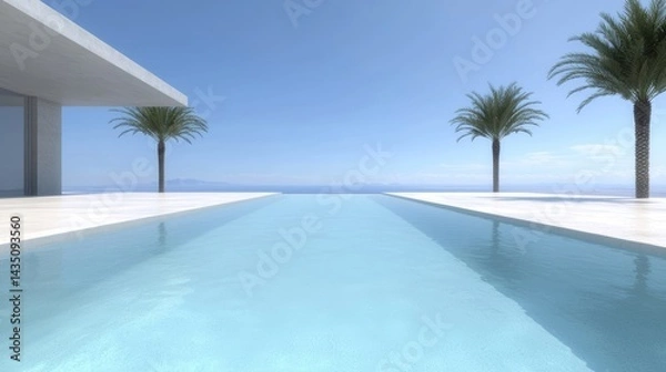 Fototapeta Modern infinity pool overlooking ocean.  Spacious, minimalist design with sleek lines, a large, tranquil pool, and panoramic ocean views.  Tropical palm trees add a touch of luxury to the scene