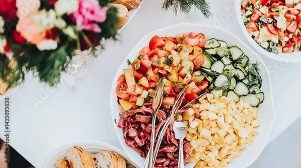 Fototapeta Vibrant buffet with assorted salads and meats