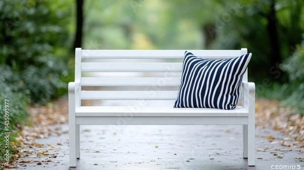 Obraz White park bench with navy blue striped cushion in a garden path