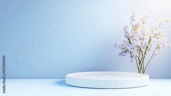 Obraz Light blue minimalist podium with flowers
