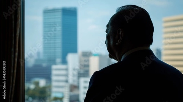Obraz 窓越しに未来を見つめるリーダー（ai生成画像）