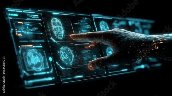 Fototapeta Cybernetic Hand Interacting with Holographic Interface