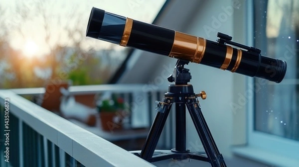 Obraz A Modern Refracting Telescope on a Balcony at Sunrise Ready for Astronomical Observation