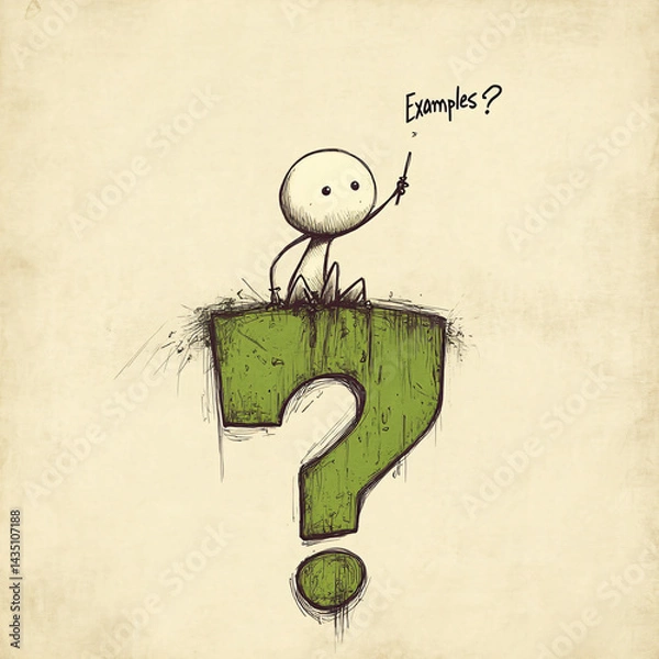 Fototapeta Cartoon Stick Figure Sitting on a Green Question Mark and Asking "Examples?"