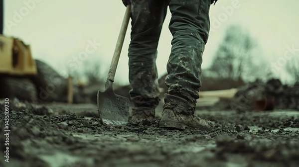 Fototapeta Construction Worker Using Shovel on Mud