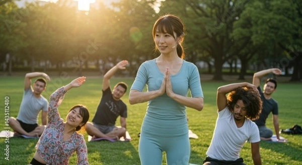 Obraz 公園でヨガセッションをリードする女性（ai生成画像）